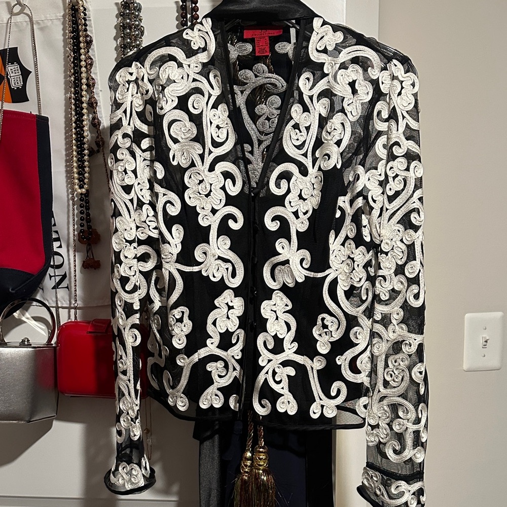 JS Collections Black and White Embroidered Blazer